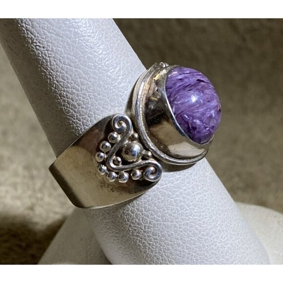 Sterling Silver & Charoite Oval Hi-Dome Stone Ring By Sajen Jewelry Bali Sz. 9 1 - Picture 4 of 10